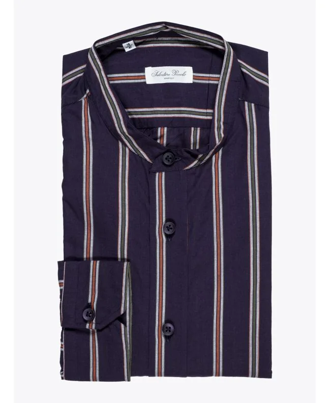 Salvatore Piccolo Navy Blue Striped Band-Collar Shirt - E35 SHOP