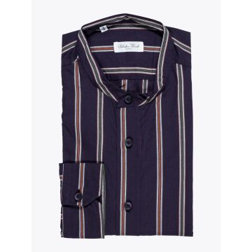 Salvatore Piccolo Navy Blue Striped Band-Collar Shirt - E35 SHOP