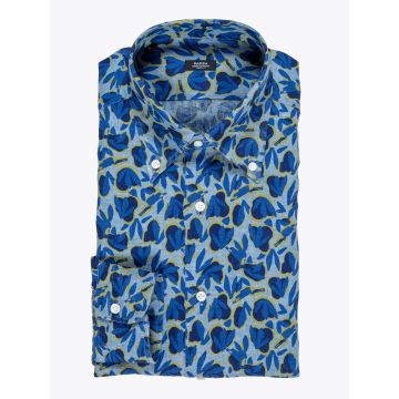 Barba Napoli Button Down Floral-Print Blue Linen Shirt - E35 SHOP