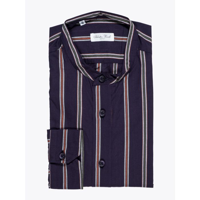 Salvatore Piccolo Navy Blue Striped Band-Collar Shirt - E35 Shop