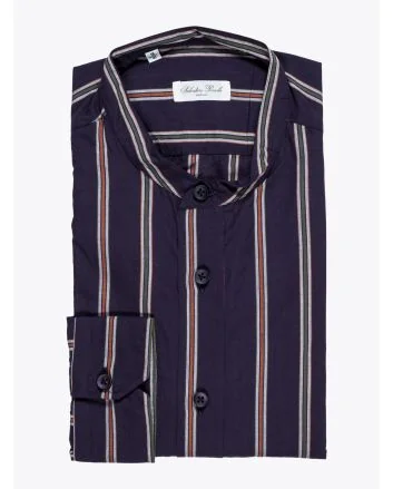 Salvatore Piccolo Navy Blue Striped Band-Collar Shirt - E35 SHOP